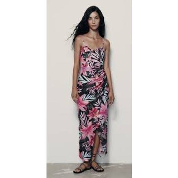 Zara Tropical Floral Print Corset Style Maxi / Midi Dress Side Slit Size Medium - Picture 1 of 11